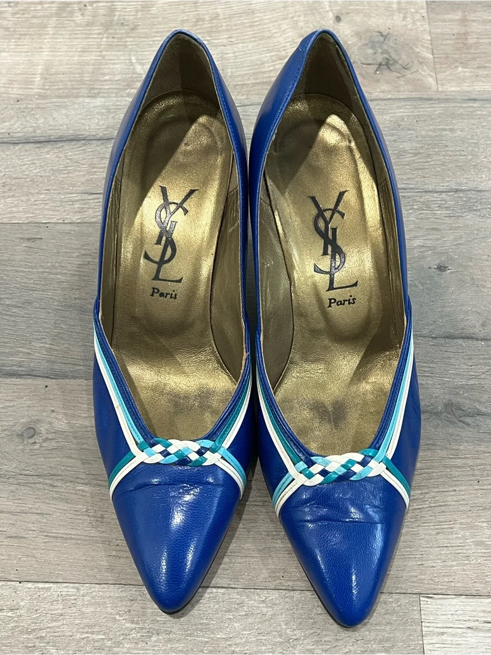 Yves Saint Laurent Cobalt Blue Pointed Leather Pumps with Braided Trim